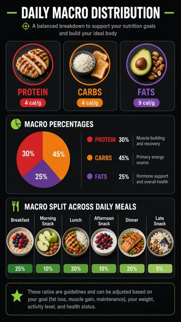 Visual guide to macros infographic — daily protein, carbohydrates and fat | Vinnofit